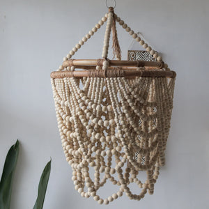 Natural wood beaded chandelier with boho design, handmade hanging light fixture