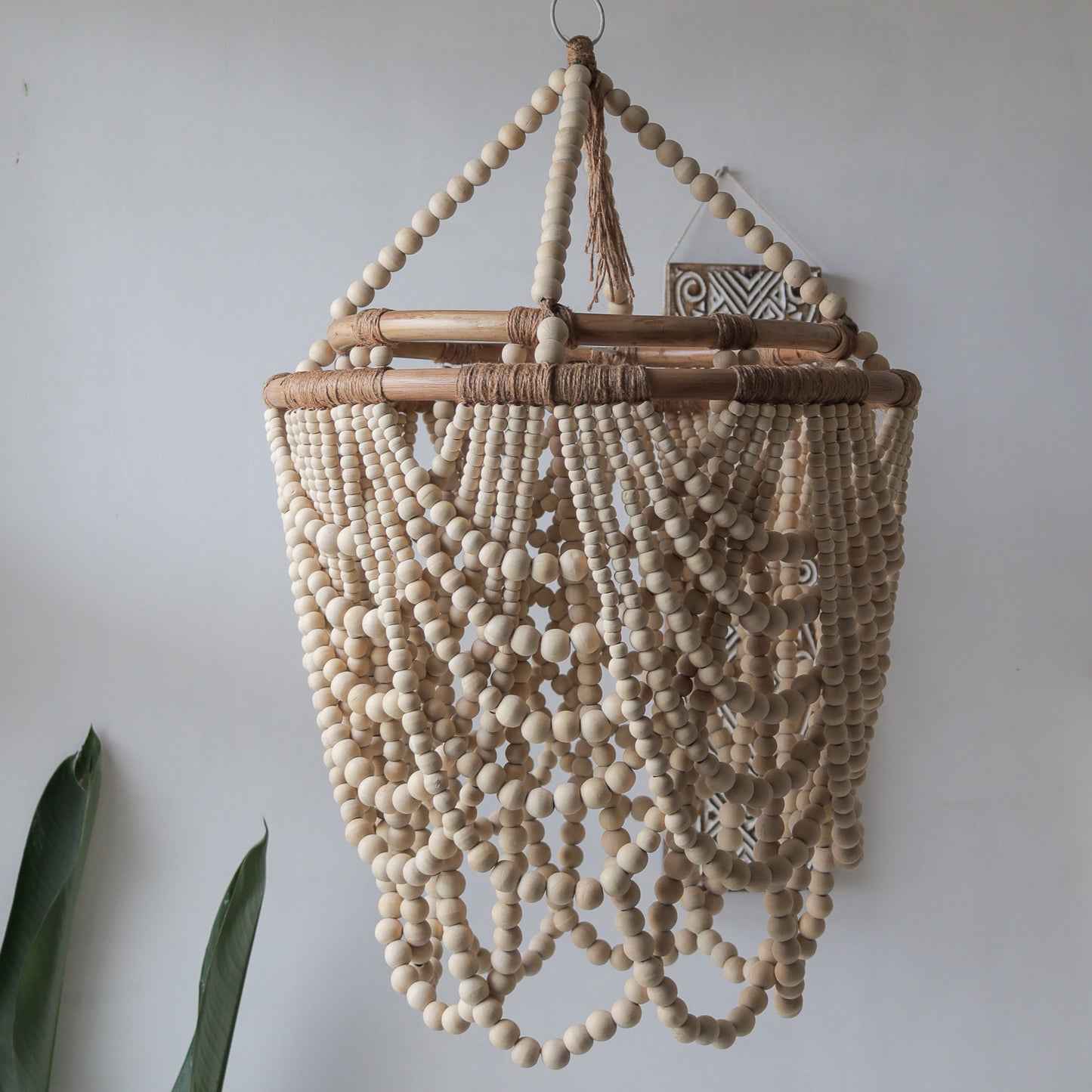 Wood Beaded Hanging Lamp, Beaded Ceiling Lamp,Bohemian Chandelier in Natural