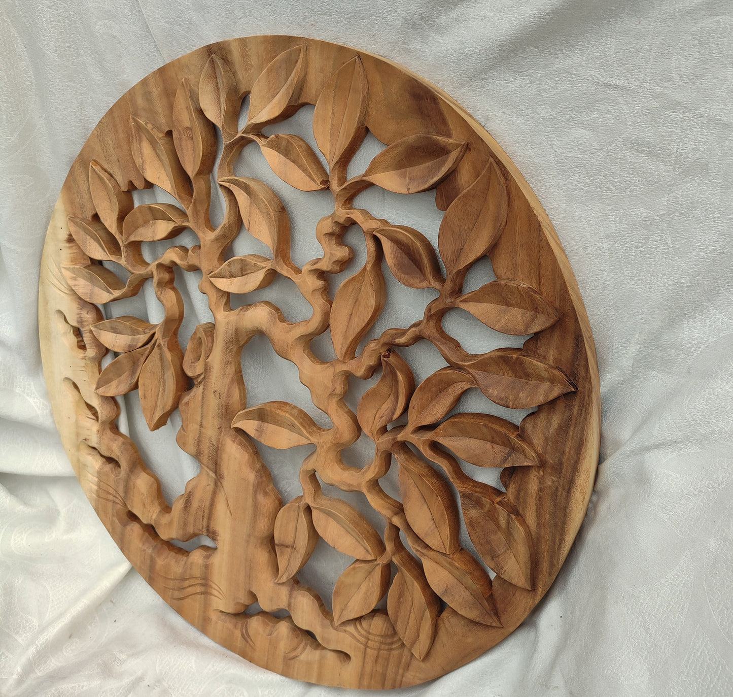 Wooden Round Hand Carved Wall Panel Art  Banyan Tree Design