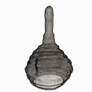 Handmade wire mesh pendant light with sculpted bulbous shape on white background