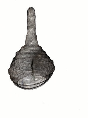 Handmade wire mesh pendant light with organic, sculptural shape on white background