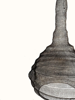 Handmade wire mesh pendant light with intricate weaving on white background