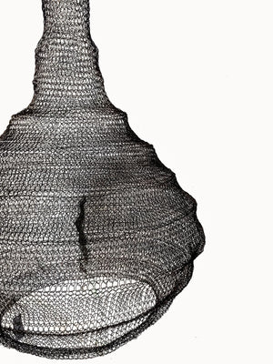 Handmade wire mesh pendant light with intricate woven design on a white background