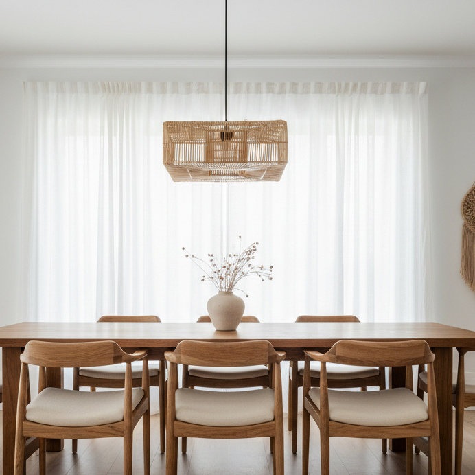 Woven rectangular pendant light on a plain background