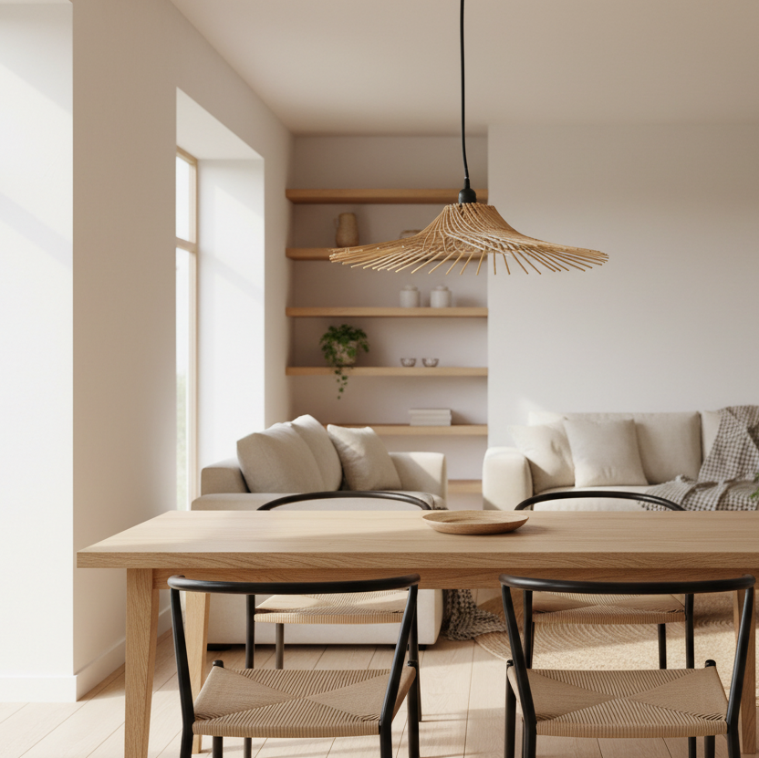 Modern living room with rattang pendant light bali