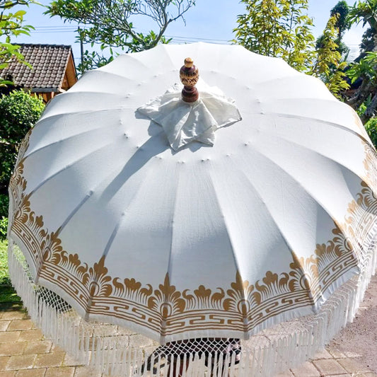 Large Bali Parasol Hand Painted in White