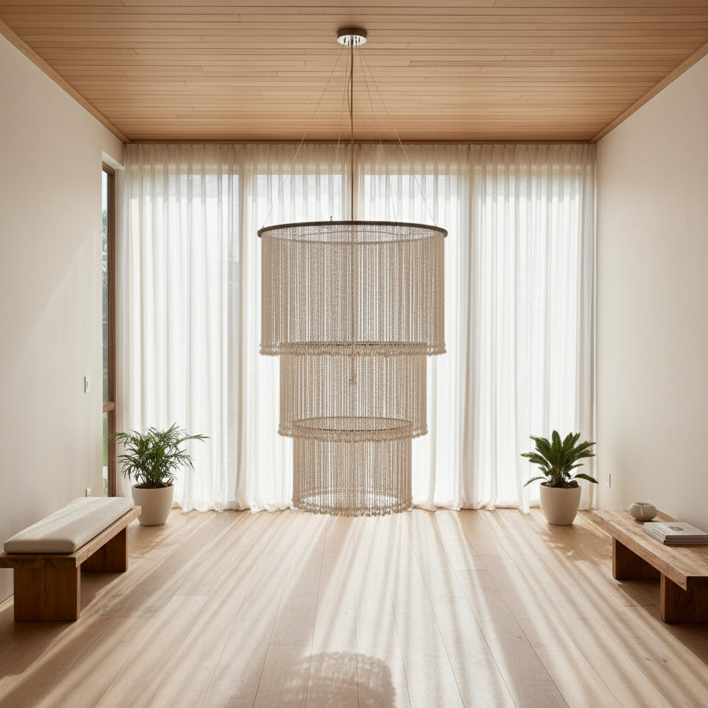 Beaded chandelier hanging in a room