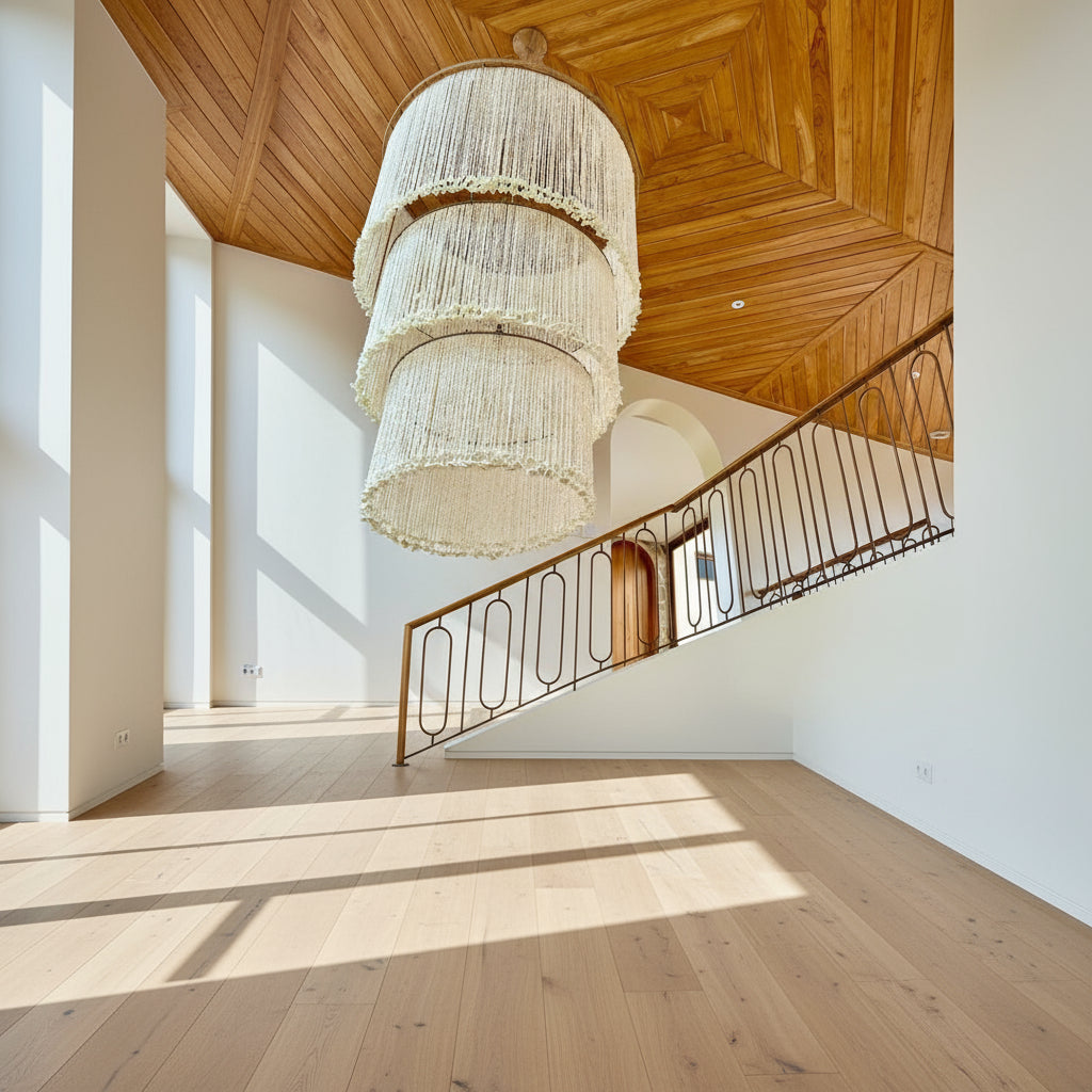 Large chandelier hanging in a room with wooden ceiling and staircase