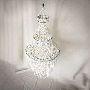 Handmade Balinese seashell chandelier hanging lamp with cascading white shell strands