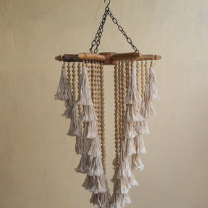 Vintage boho chandelier with wooden beads and tassels, handmade hanging decor piece