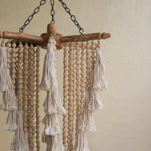 Vintage hexagon chandelier with natural wood beads and tassels, boho hanging decor