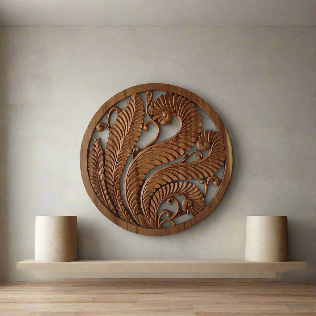 Handcarved Wall Panel Bali Leaf Motif