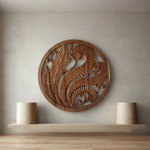 Round Balinese wood wall art with intricate hand-carved floral pattern on a neutral wall.