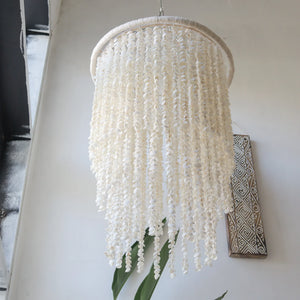 White seashell chandelier lampshade with hanging shells, coastal boho decor