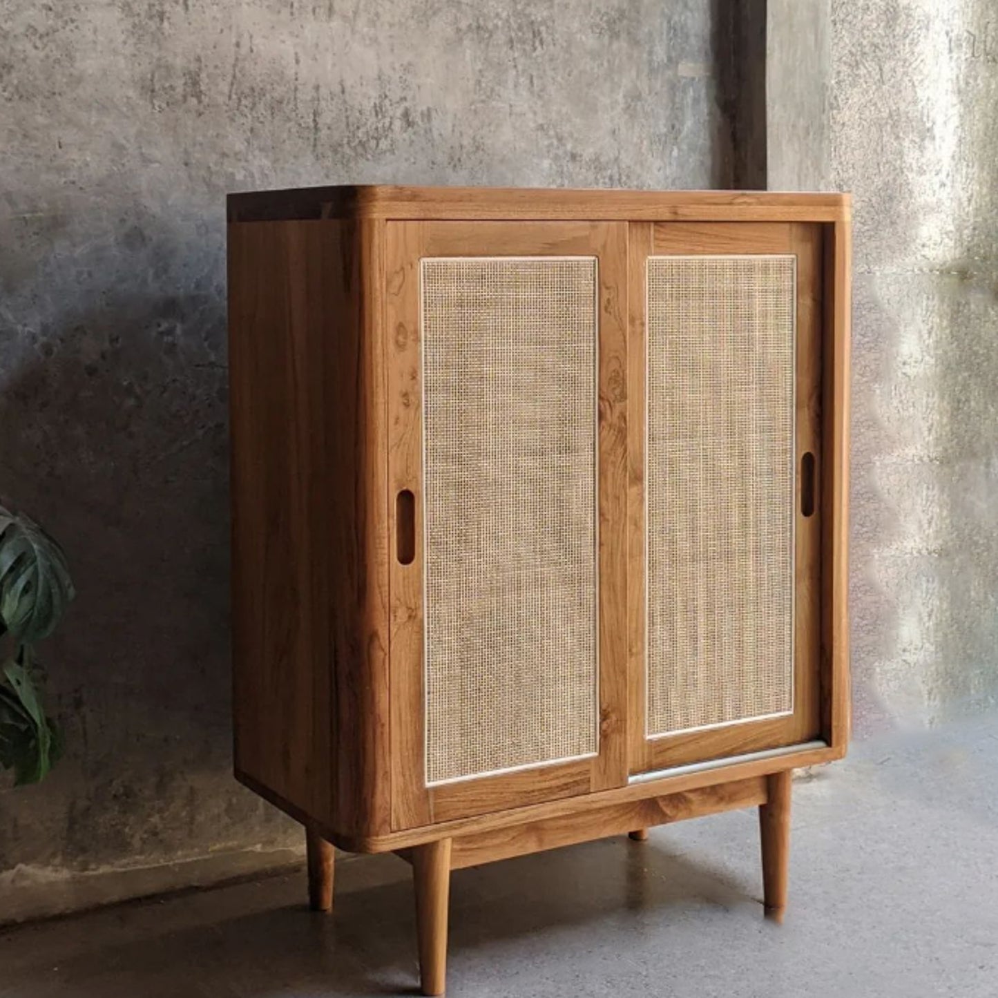 Solid Teak Wood Rattan Cabinet H100xW80xD40 cm