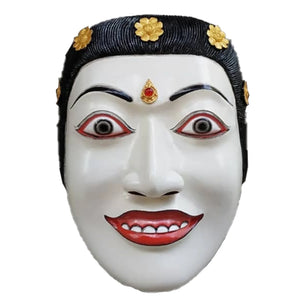 Handcarved wooden mask for women, ideal for theater and wall decor, showcasing Balinese craftsmanship with unique details.