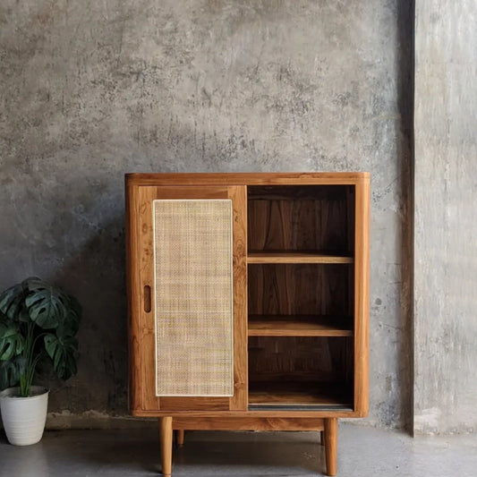 Solid Teak Wood Rattan Cabinet H100xW80xD40 cm