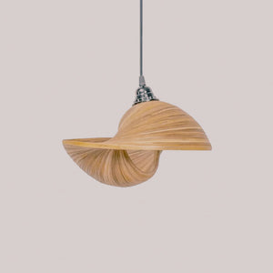 Modern twisted bamboo ceiling lamp pendant with natural wood finish on light background.