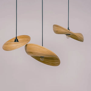 modern bamboo natural chandelier with three twisted pendant lampshades, eco-friendly decor