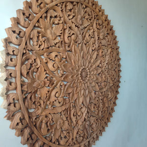 Hand-carved wooden wall panel with floral and bird motifs, luxury bedroom decor