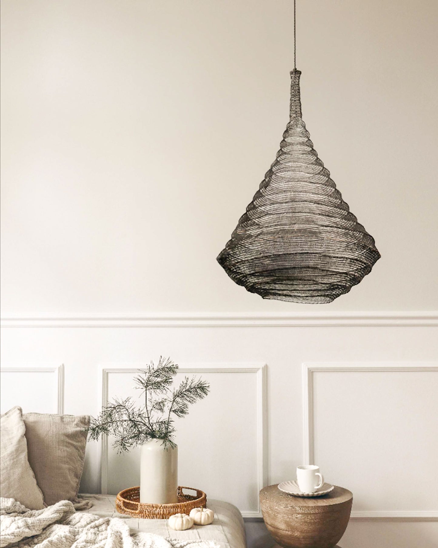 Black wire mesh ceiling light in room