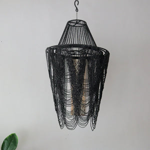 Beaded black chandelier handcrafted in Bali, unique design with customizable options available.