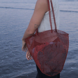 Copper Wire Mesh Hand Woven Tote Bag in Red