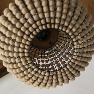 Handmade wooden bead chandelier with round geometric design, eco-friendly home decor