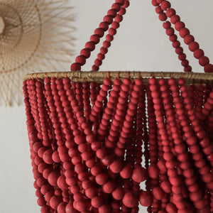 Handmade red beaded chandelier with natural woven accents, Boho home decor lighting