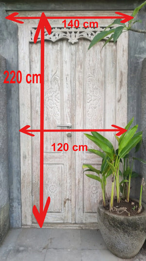 Hand-carved white wooden door with floral details, 220x140 cm, Bali style entrance