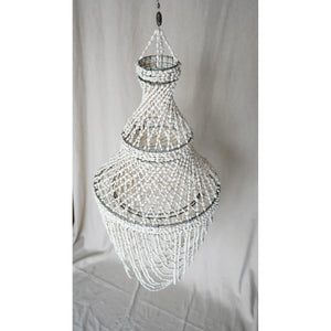 Handmade Balinese seashell chandelier with intricate white beaded design, hanging decor