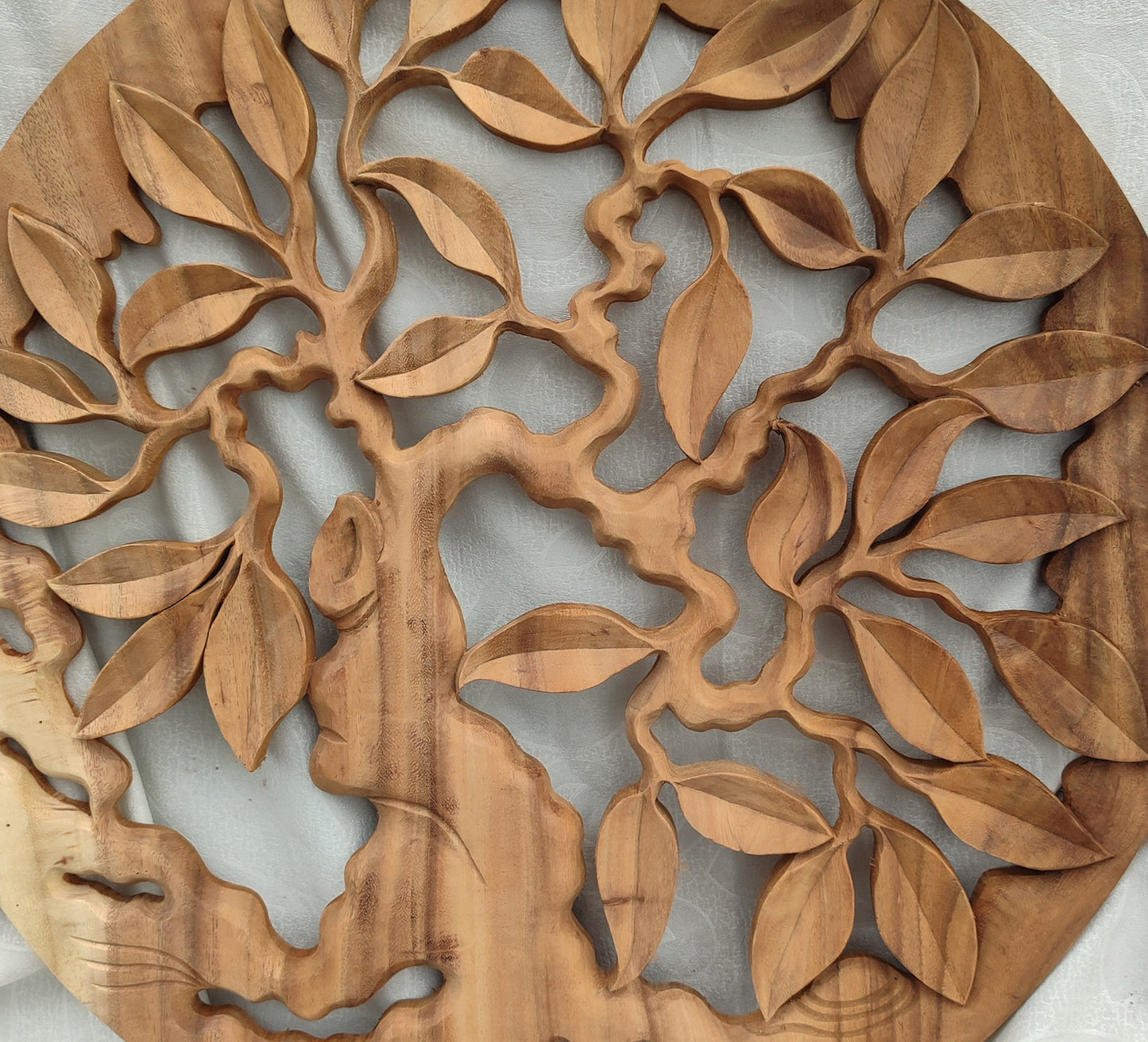 Wooden Round Hand Carved Wall Panel Art  Banyan Tree Design