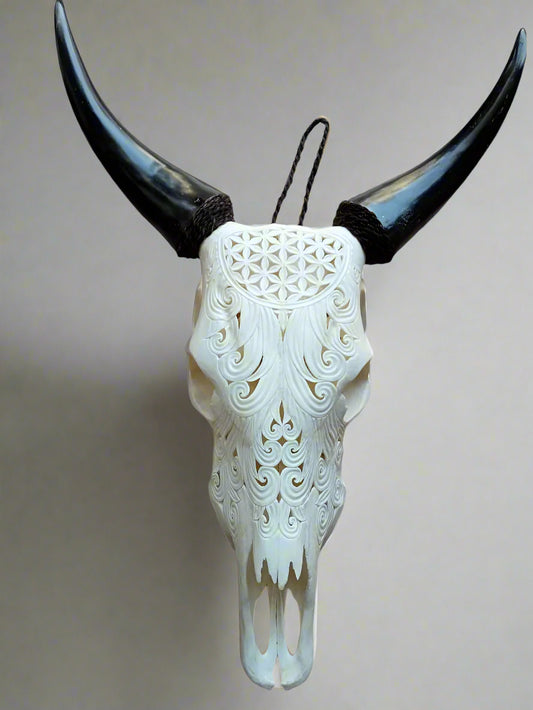 Hand Carved Cow Skull Tree of Life