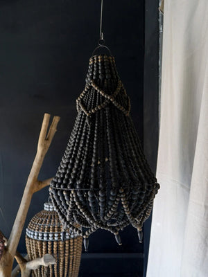Handmade black beaded chandelier with rustic wooden accents, Balinese home decor lighting
