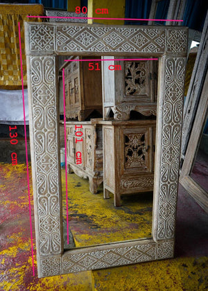 Hand-carved Balinese wooden mirror frame with intricate patterns, 130x80 cm, rustic decor