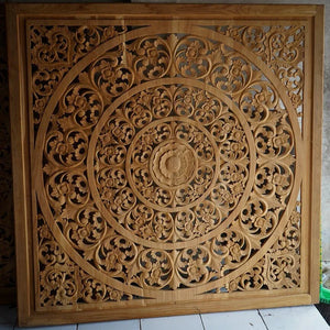 Hand-carved Balinese wood wall panel with floral mandala design, artisan home decor