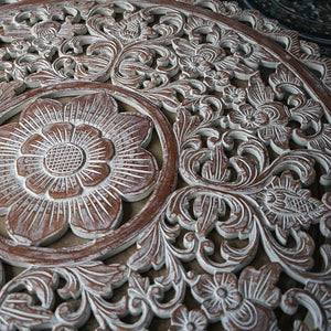 Hand-carved wood panel with intricate floral and leaf patterns, Balinese wall decor