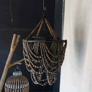 Handmade Balinese wooden bead chandelier with dark finish, rustic boho pendant light
