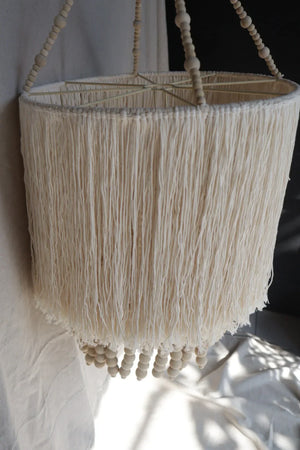 Handmade fringed chandelier with natural wood beads, boho pendant light for home decor