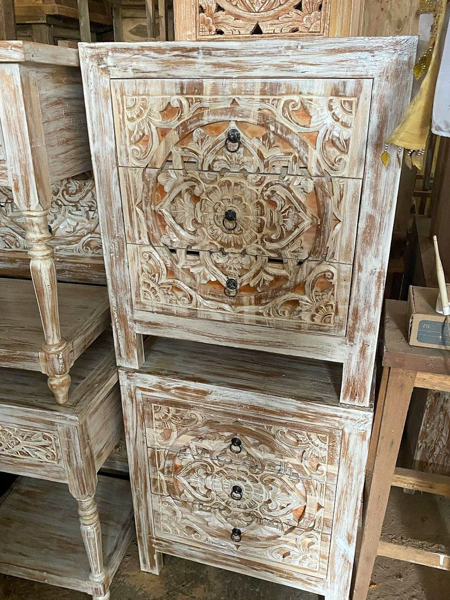 Carved Bedside Table with 3 Drawers
