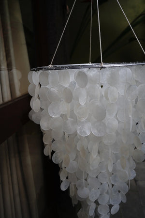 Handmade Balinese seashell chandelier with round white capiz shell accents
