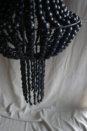 Black beaded chandelier with cascading strands, handmade boho home decor